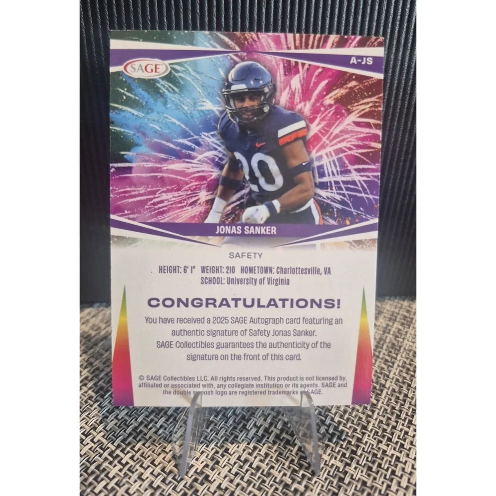 2024 Sage Jonas Sanker #A-JS Silver Fireworks Autographs (AU) (RC) Saints